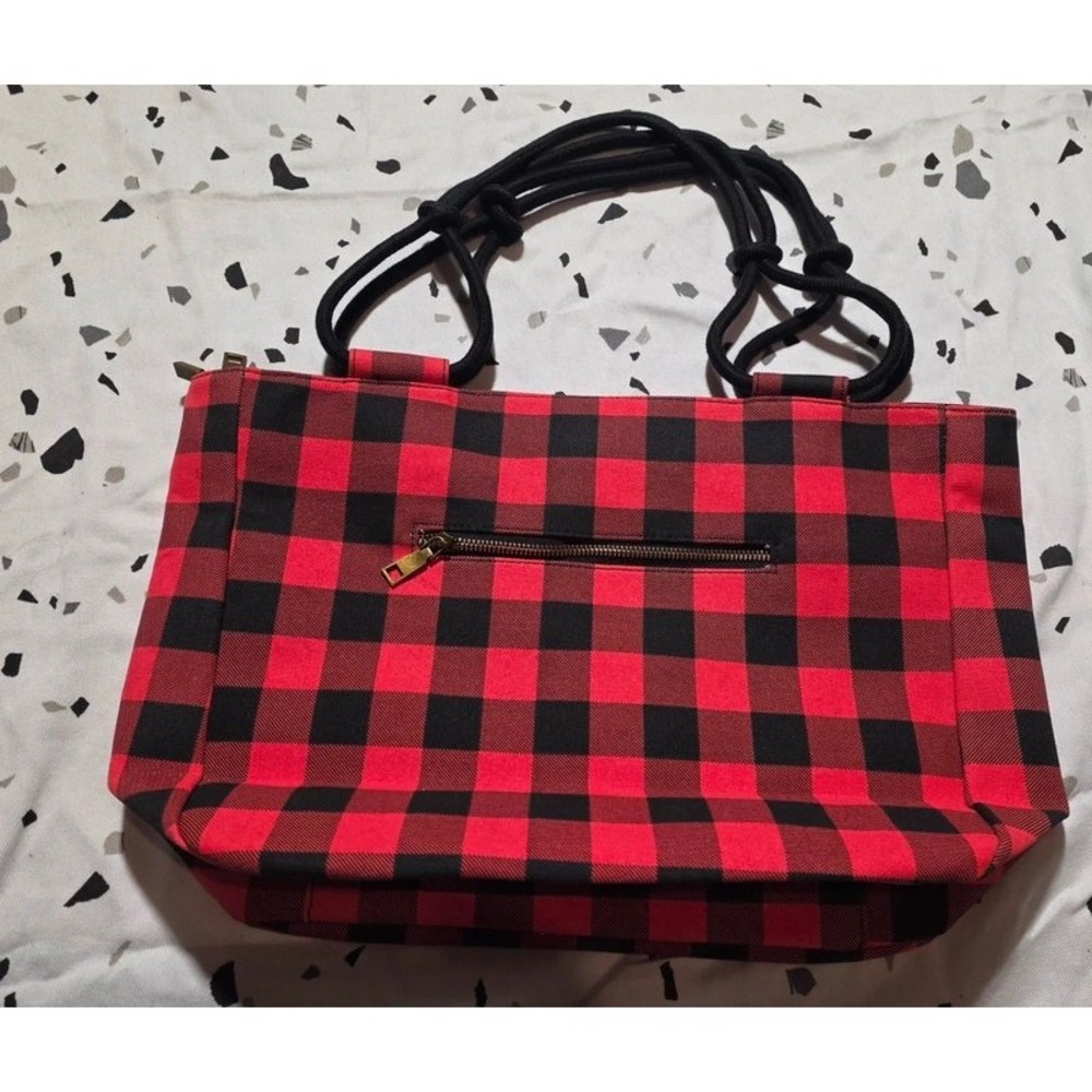 Farmhouse Is My Style Red Black Buffalo Plaid Canvas Tote Bag Rope Handle